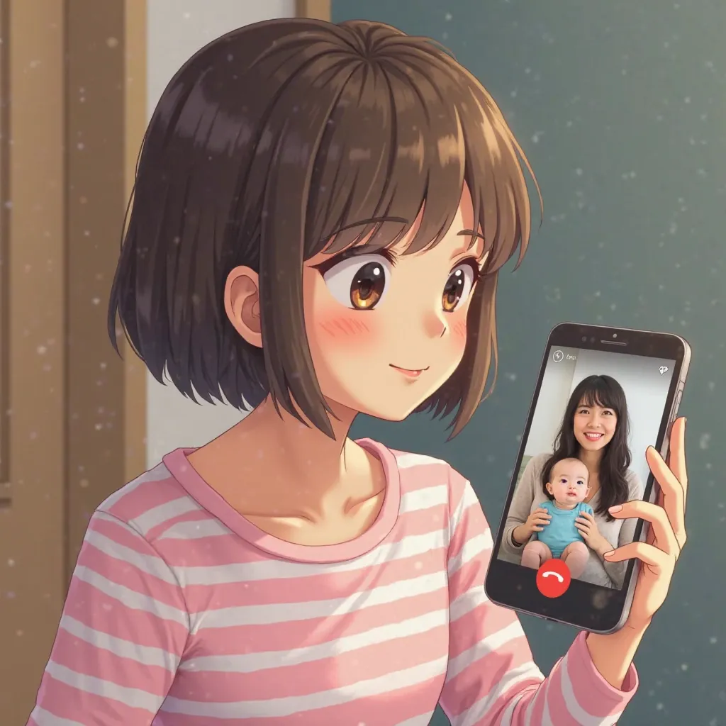 I'm a Japanese person with short brown hair、I'm wearing pink and white horizontal stripes on my smartphone。I'm making a video call on my smartphone。On screen、There is a video of a woman holding a baby with long black hair。