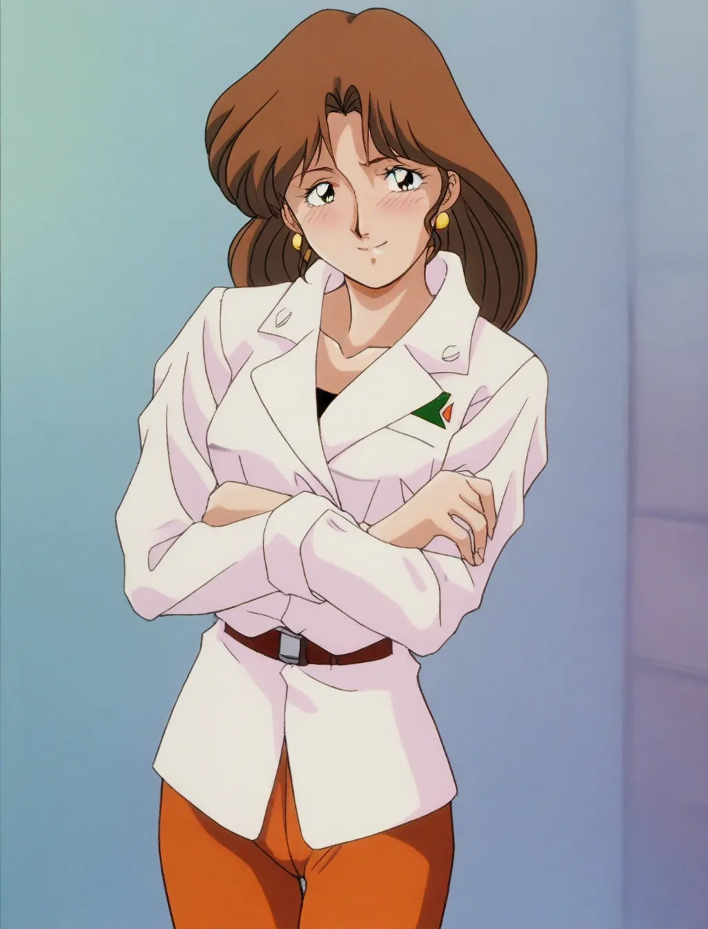 best quality, amazing quality, very aesthetic, absurdres, anime screencap, white jacket, tylor_nakagawa_harumi, cowboy shot, brown hair, earrings, brown eyes, retro artstyle, (shy), (smile), (うっとりしている:1.1), (色っぽいポーズ), 1girl, solo, score_9, score_8_up, scor...