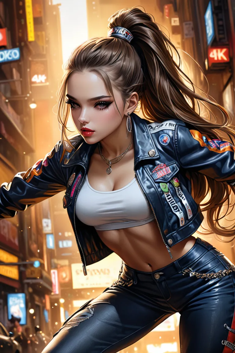 (best quality,4k,8k,highres,masterpiece:1.2),ultra-detailed,(realistic,photorealistic,photo-realistic:1.37),1 girl,hip-hop style outfit,high ponytail,incredibly long hair,cowgirl pose,looking at viewer,leaning forward,by Santiago Caruso,by Mike Azevedo,det...