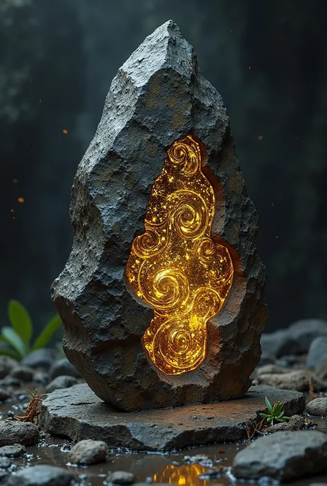 A black ancient stone shard with a golden pattern.