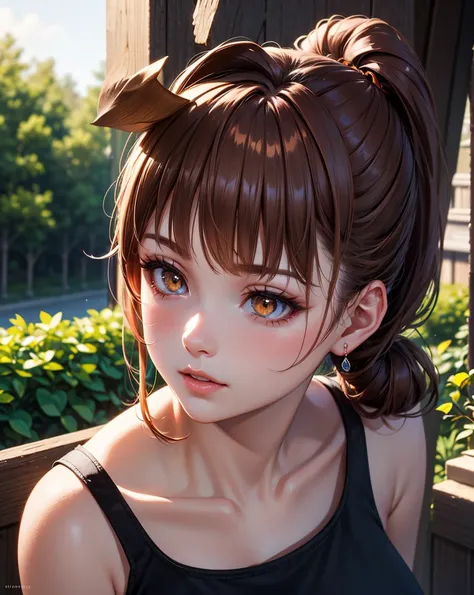 Light brown hair, white tank top, orange eye, serious face, slightly thick bangs, medium breast size, black pants, low ponytail, adult female, use sword
