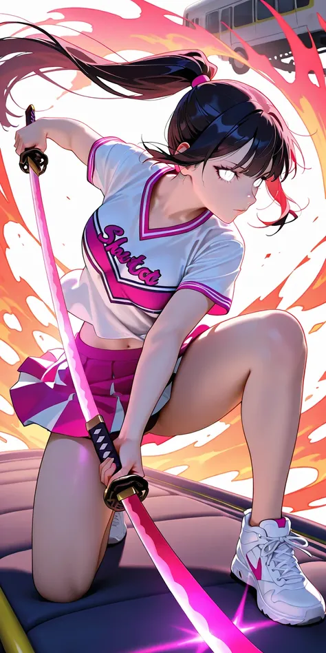 Masterpiece, newest, vibrant, very aesthetic, high contrast, mature woman, hinata hyuga, pony hair, straight hair, high ponytail long hair, white eyes, pink and white color cheerleader uniform (white color t-shirt, pink color platted mini skirt), white sne...