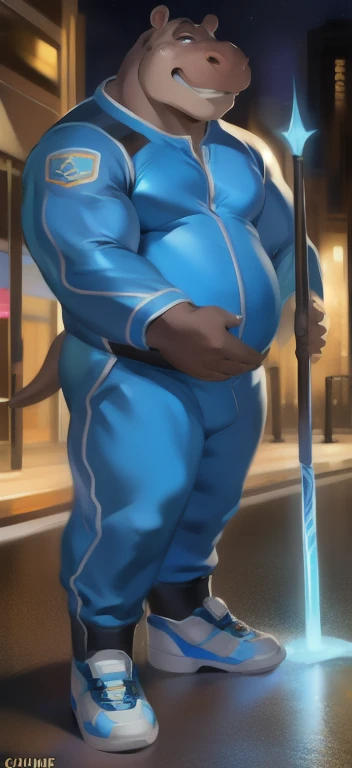 alone , Male tall , stand, road,hippo ​, Blue Military Spacesuit,Holding a magical staff of Water ice element, Overweight , strapped muscles , crying ,Tears,​by chunie