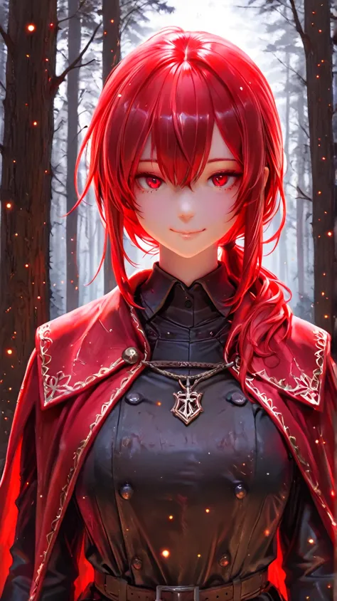 masterpiece, best quality, detailed eyes, semi realistic, 8k, girl, pure, emotionless, red low ponytail hair, red eye, foggy forest, black medieval luxury uniform with red accessories, red fluffy cape, looking down at viewer, shiny particles, smile, lots o...