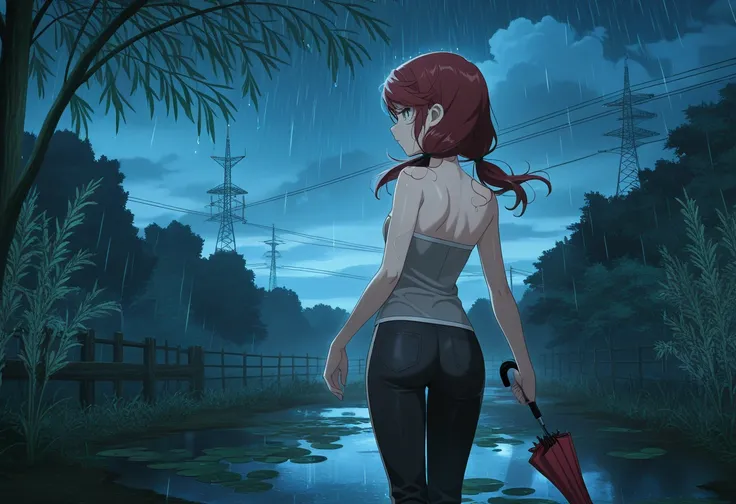 masterpiece, best quality, amazing quality,depressed, expressionless, :|, solo, 1 girl, back view, ass, walking under willow trees, low twin tails, gray eyes, dark red hair,  long swept bangs, thin, close up, small breasts, strapless, strapless loose sleev...