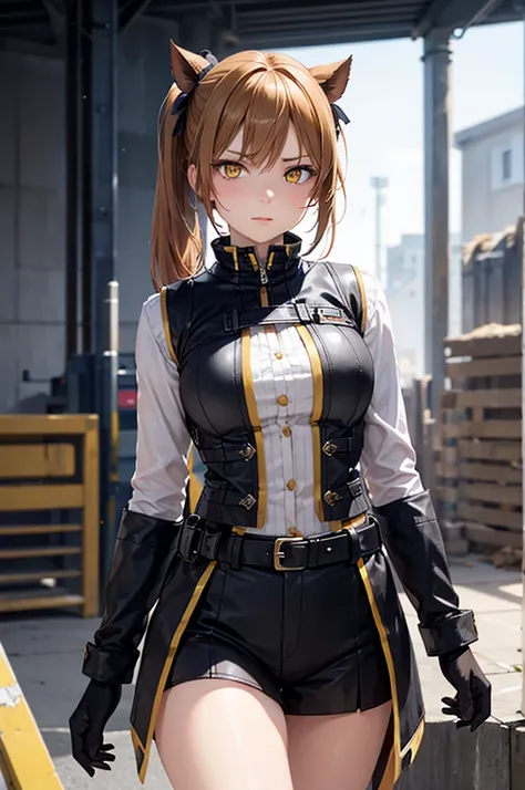 adult woman,  alone,  sexy, 8k resolution,((Highest quality)), Ultra High Definition, (Glaring expression), (yellow eyes), beautiful symmetrical face , ( black ponytails),Combat Vest, Combat Suit , tactical belt,realistic:1.4,realistic:1.4,(masterpiece:1.2...