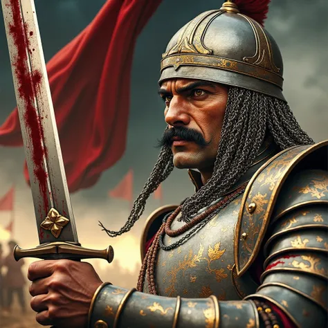 A hyper-realistic cinematic painting of Maharana Pratap, the legendary Rajput warrior, in a mid-shot composition. His face is fierce and determined, wearing the Khula Zirah helmet with chainmail covering the sides. His sharp eyes reflect courage as he grip...