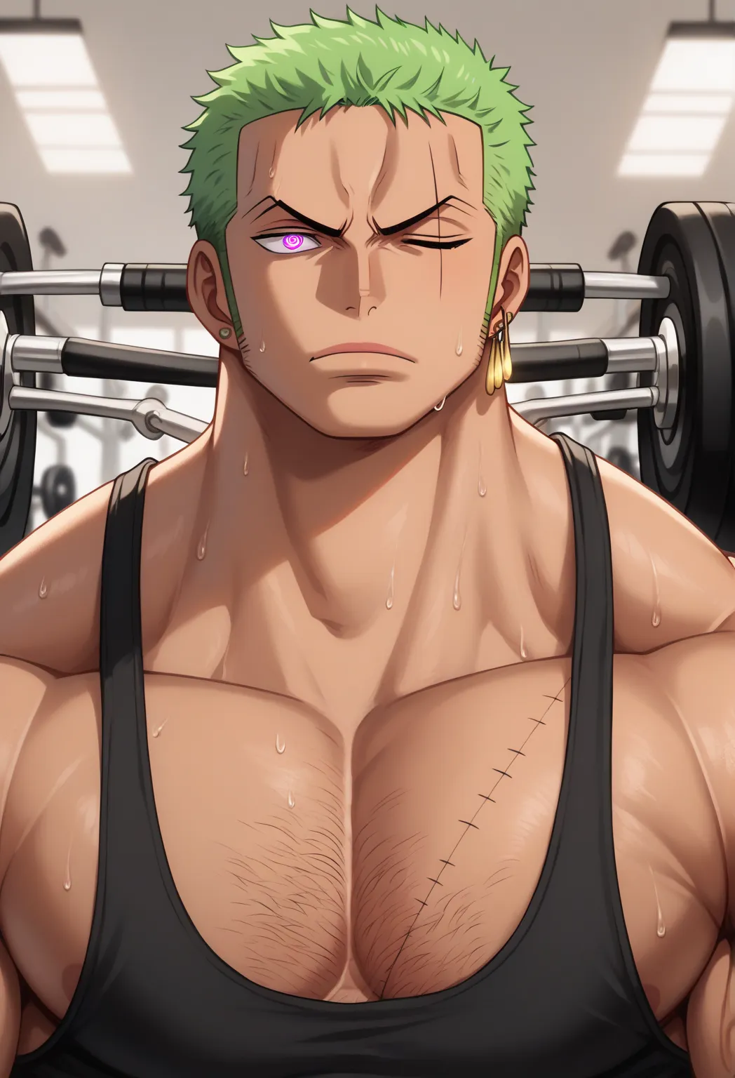 Roronoa Zoro alone in the gym, staring at golden pendulum, tanned skin, no scar, buzz cut, stringer tanktop, muscular, muscles, big biceps, broad shoulders, massive pecs, sweaty, hairy chest, glowing golden spiral in the eyes, blank expression, vacant star...