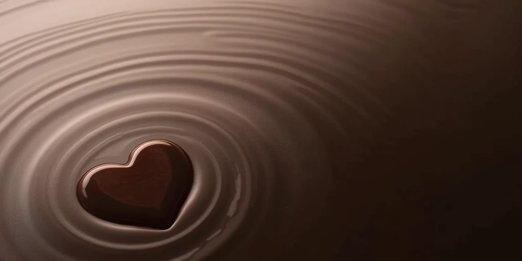 This image depicts a heart-shaped indentation in a smooth, dark brown liquid, possibly melted chocolate or a similar substance. Concentric ripples emanate outwards from the heart, suggesting a recent disturbance in the liquid's surface. Let's analyze its f...