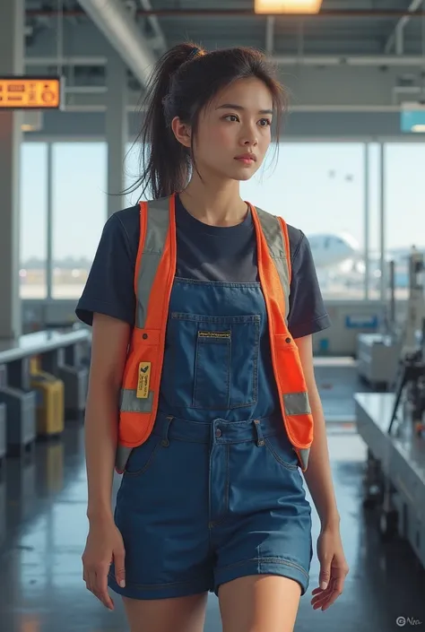 Make a short, blue dressed like an airport worker with a reflective vest and a dark blue t-shirt