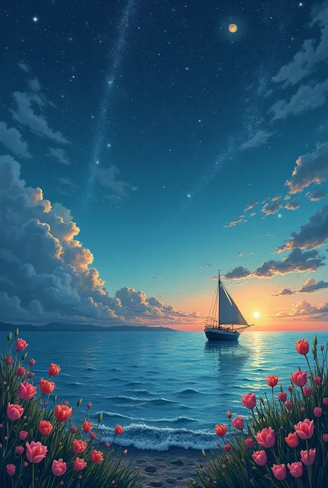 Whether it's a starry night with a sea view, a ship in the sea, a light sunrise in the sky, a garden across the sea, tulip flowers in the garden, let a tiny duck smell the tulip blossom when it's at sea, and a polar star in the sky Let it be an ocean that ...