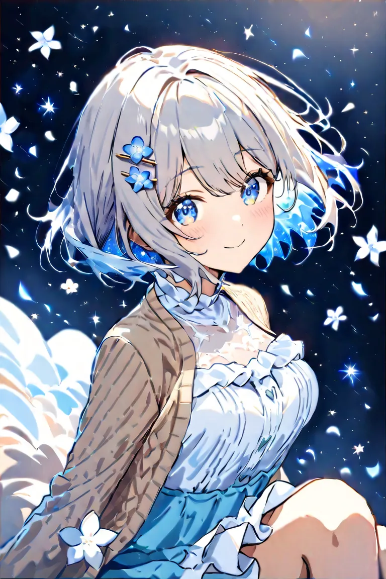 masterpiece,Highest quality,Super Detail,8k, upper body up　 facing backwards　 night viewを見る１girls, gray hair short hair　 blue eyes　cute smile up to the knee　Flower Hairpin　brown long cardigan　White frilled dress　 fluffy　 forest girl　 Firefly Light　 night v...