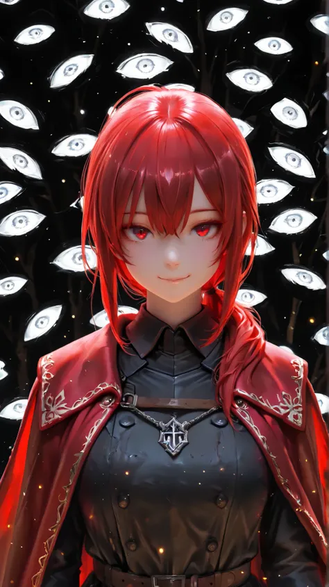 masterpiece, best quality, detailed eyes, semi realistic, 8k, girl, pure, emotionless, red low ponytail hair, red eye, foggy forest, black medieval luxury uniform with red accessories, red fluffy cape, looking down at viewer, shiny particles, smile, lots o...