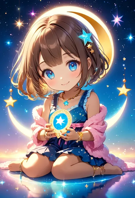 Chibi-Style, dreamy anime-style illustration, maintains a 3:1 head-to-body ratio, (peaceful and charming cute immature girl:1.3), (chestnut-colour soft brown hair styled in a slightly wavy bob cut:1.3), (Her hair has warm, golden highlights that catch the ...