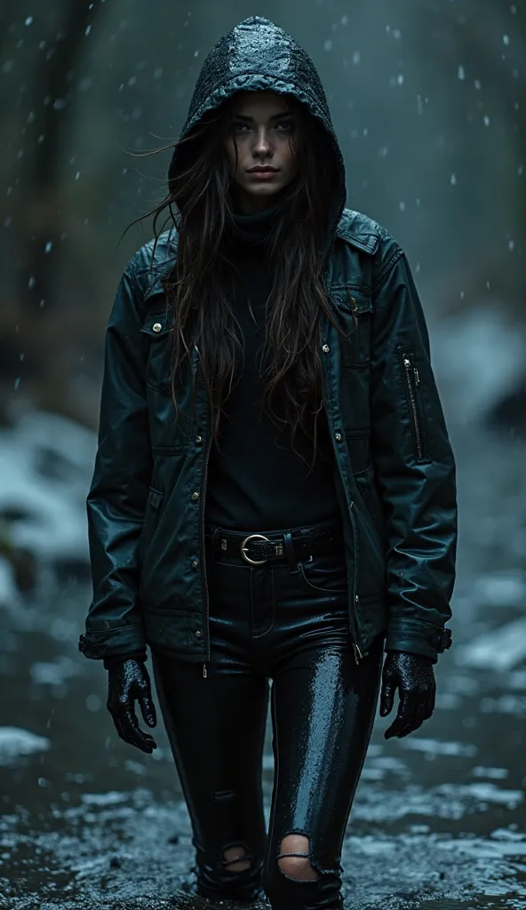 woman,black night background,shiny soaking wet thin lightweight short sporty down jacket,soaking wet shiny jeans, turtleneck sweater,drowning stuck in icy murky bog,seductively, sweat hat