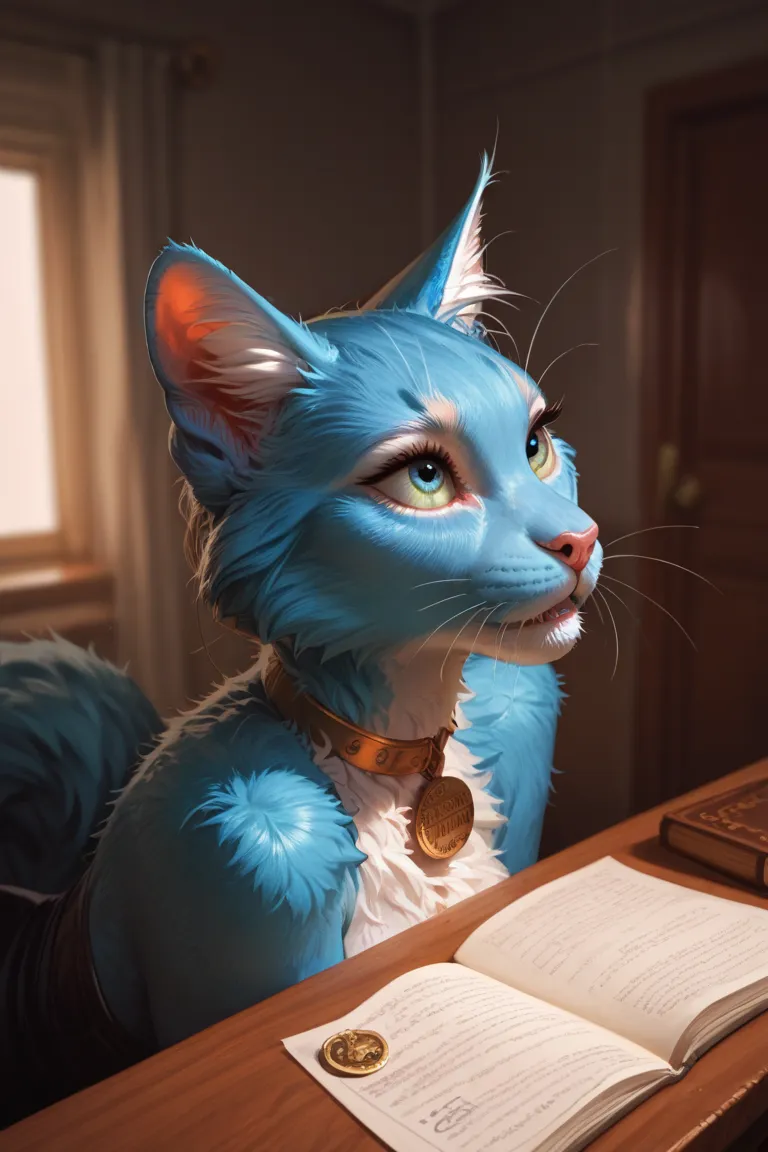 A large cat with stunningly beautiful crystal-blue fur, sitting on a desk and looking up gracefully.