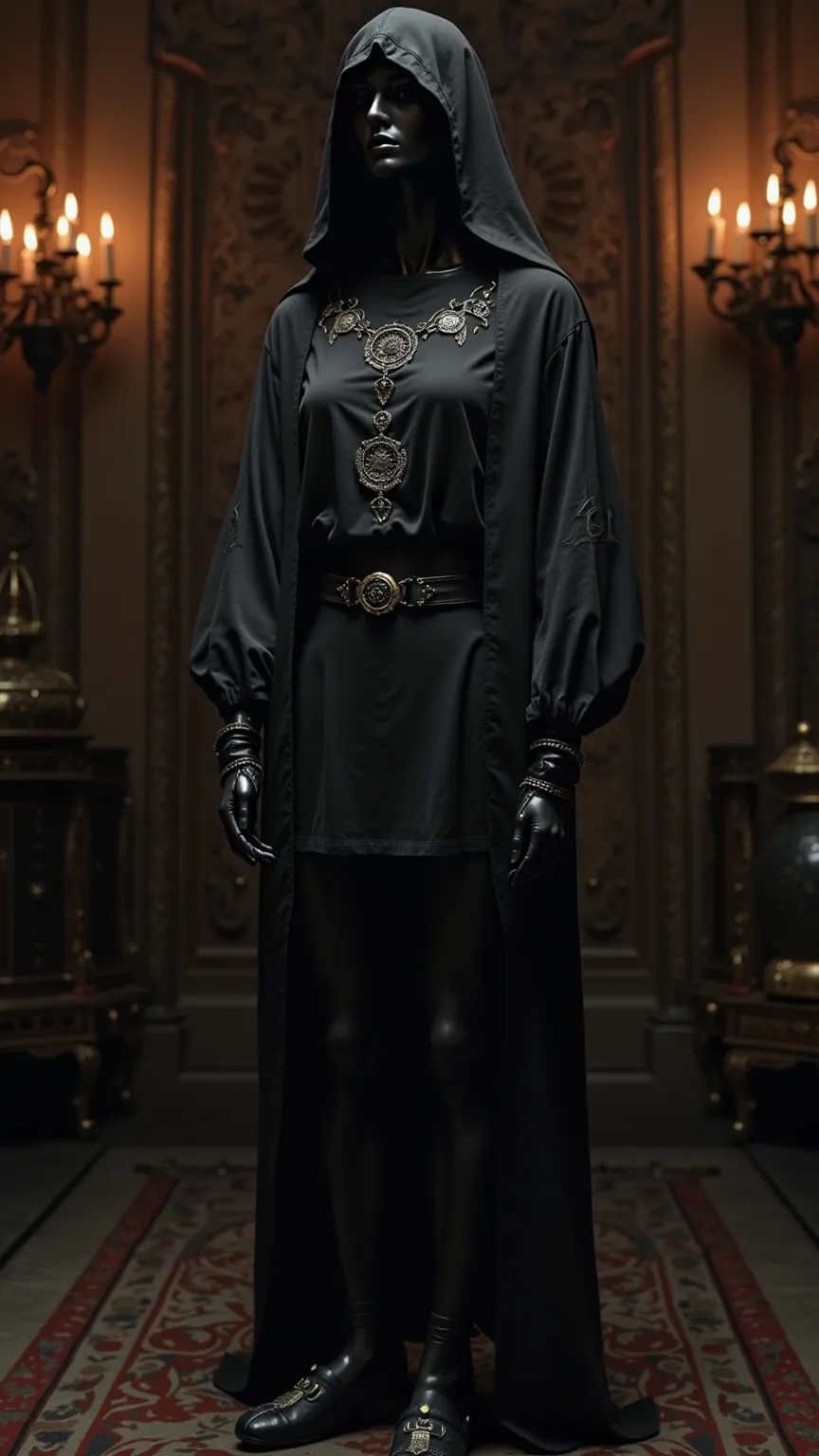 A stealthy warrior’s nightwear displayed on a mannequin, designed for a woman, with no person wearing it. The outfit consists of a loose, comfortable black tunic with intricate dark silver embroidery forming subtle protective runes. The matching soft leath...