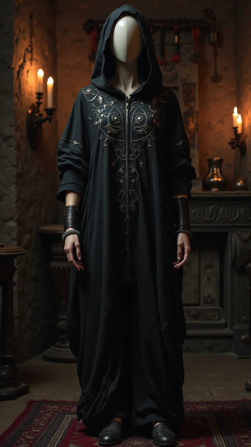 A stealthy warrior’s nightwear displayed on a mannequin, designed for a woman, with no person wearing it. The outfit consists of a loose, comfortable black tunic with intricate dark silver embroidery forming subtle protective runes. The matching soft leath...