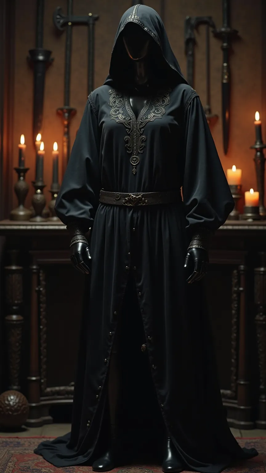 A stealthy warrior’s nightwear displayed on a mannequin, designed for a woman, with no person wearing it. The outfit consists of a loose, comfortable black tunic with intricate dark silver embroidery forming subtle protective runes. The matching soft leath...