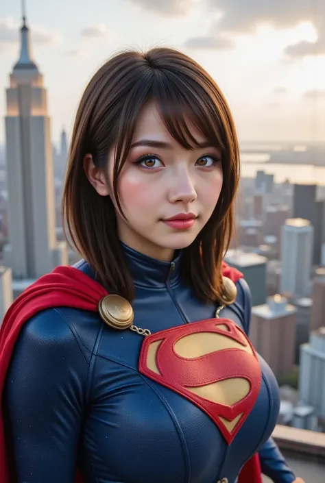 Imagine a 16-year-old Japanese girl, her deep blue eyes reflecting the city lights, standing atop a skyscraper. She's clad in a classic 1980s blue Superman suit, its surface a tapestry of millions of tiny, raised 3D dots. The long red cape flows behind her...