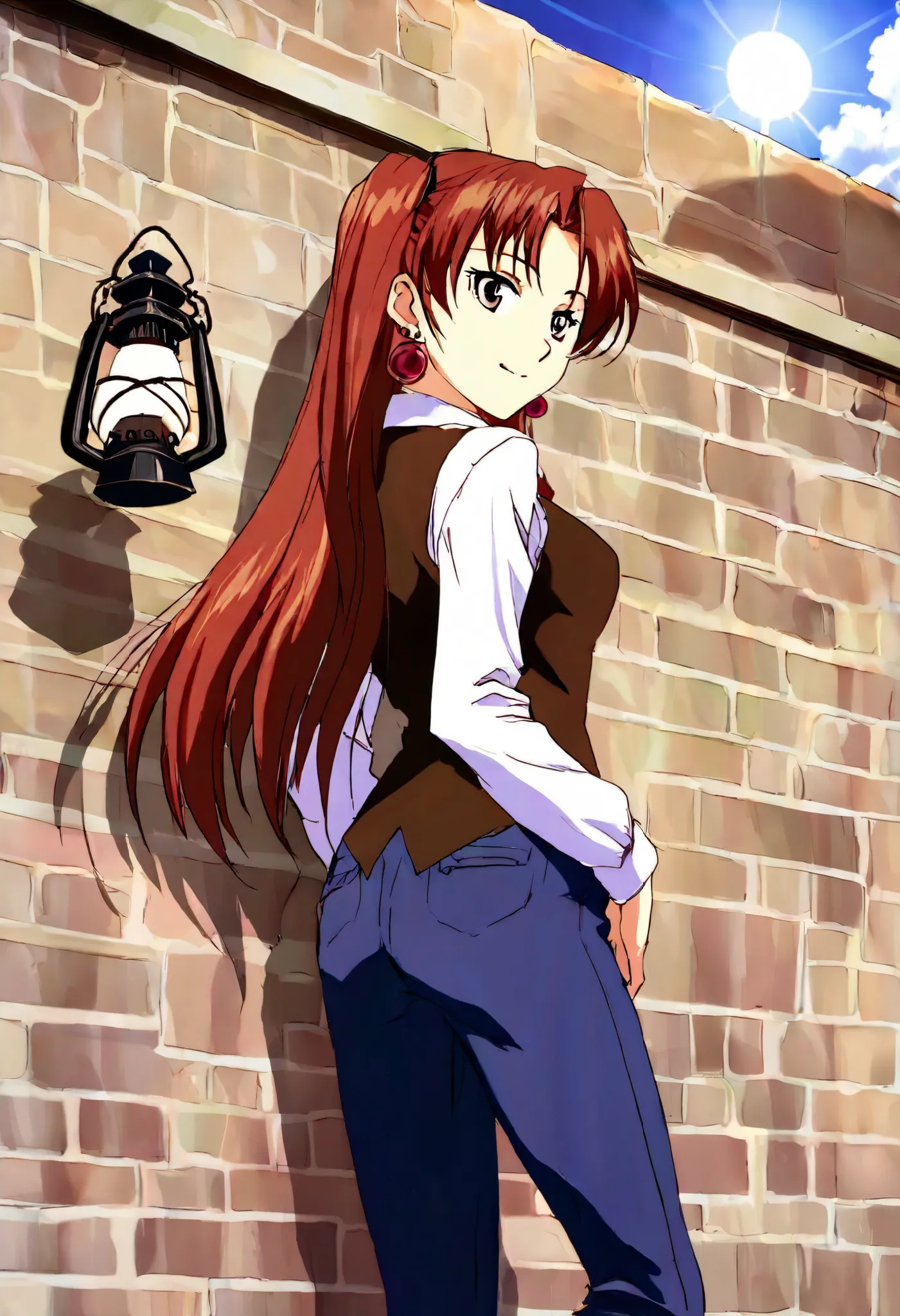  Anime style,  brick wall , Lantern Shadow, sun, clouds,  Girl,  Beautiful, long hair, pigtails,  earrings,  smile, mother,  pants, vest, leaned against the wall,  Masterpiece , Better quality, complex details, maximum quality, 8 k,  clear picture , perfec...