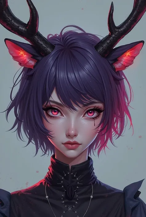 Twitch profile photo of a woman with purple red asymmetric short hair with deer antlers