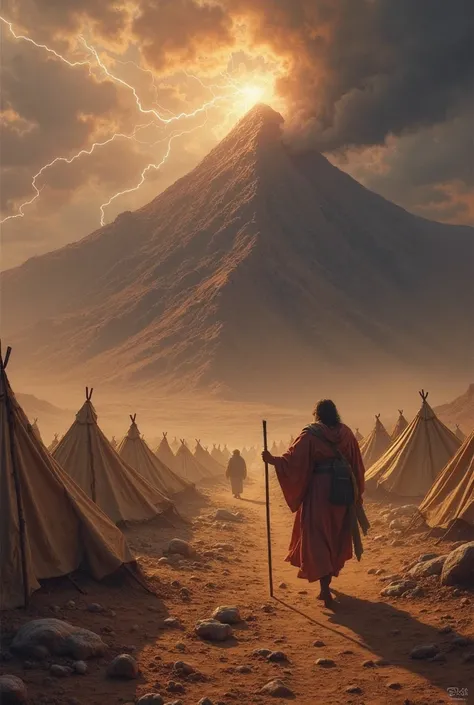 the Israelites are camped at the foot of Mount Sinai, with tents spread across the desert. The mountain looms in the background, shrouded in smoke and surrounded by dark clouds. Lightning flashes at the summit, and the sound of thunder echoes in the distan...