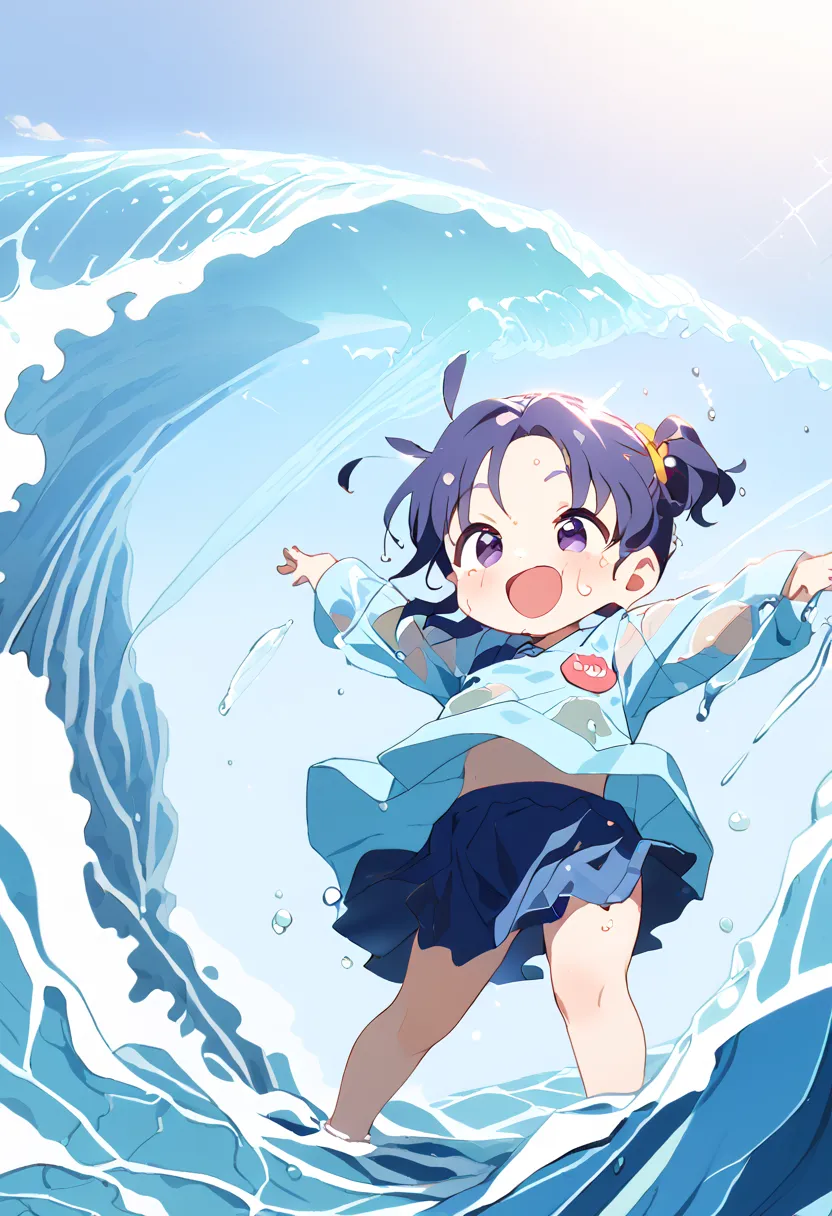 absurd, (５1 year old .5), Kindergarten Mom's Clothes, blue smock,  dark blue skirt ,  cute, sea, Waves, Clear skies, soaked,  playing in the water, ENERGETIC, fun,  best smile,  with wet clothes , Water-soaked Smock, wet, Wet Skirt, Wet Skirt, 