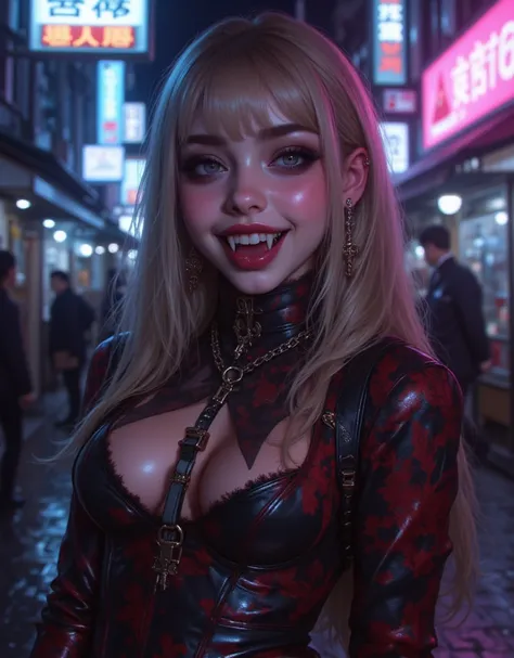 18-year-old Asian girl, vampires,  blonde hair, sexy clothes,  on the street at night ,  neon lighting , Night of Tokyo, smiling, happy, ((showing the fangs)), ((vampire teeth)) , standing, full body, ground view, Wet floor reflecting street lights, neon l...