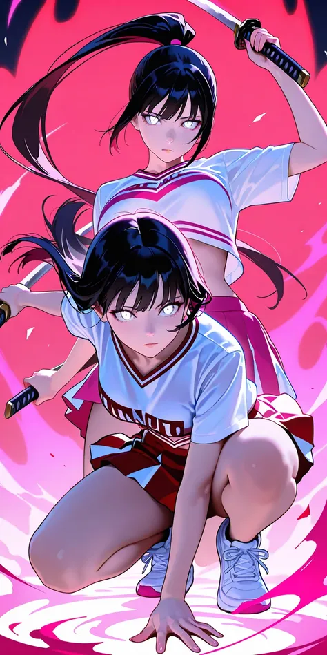 Masterpiece, newest, vibrant, very aesthetic, high contrast, mature woman, hinata hyuga, pony hair, straight hair, high ponytail long hair, white eyes, pink and white color cheerleader uniform (white color t-shirt, pink color platted mini skirt), white sne...