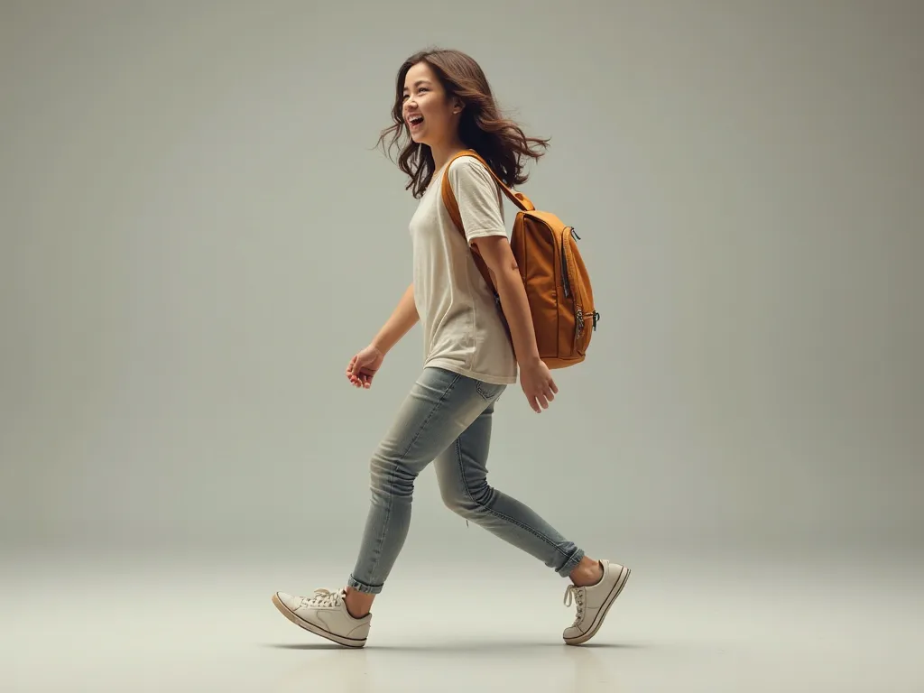 Create a realistic 4K quality image of a girl walking in a side view.The girl should exhibit a look of excitement, wearing a casual outfit consisting of a shirt and pants.She should have a college backpack slung over her shoulder, and her pose should show ...