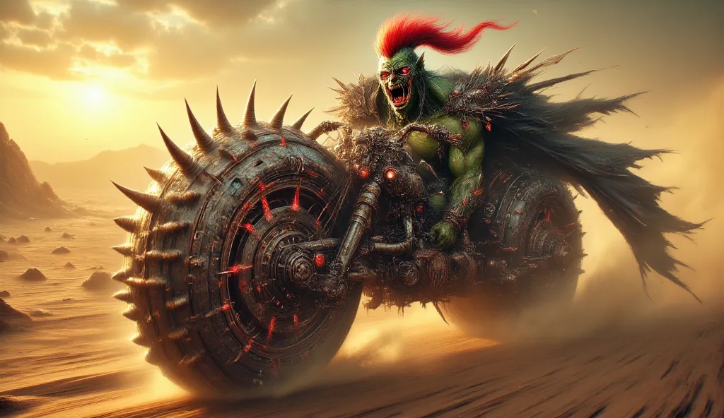 A green cyborg Orc driving a big creepy rusty motorcycle with red elements. He wears a red mohawk on his head. A motorcycle with blades. The large orc has motorcycle glasses and a long black cape with painted flames. The orc screams with joy. He's driving ...