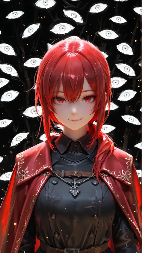 masterpiece, best quality, detailed eyes, semi realistic, 8k, girl, pure, emotionless, red low ponytail hair, red eye, foggy forest, black medieval luxury uniform with red accessories, red fluffy cape, looking down at viewer, shiny particles, smile, lots o...