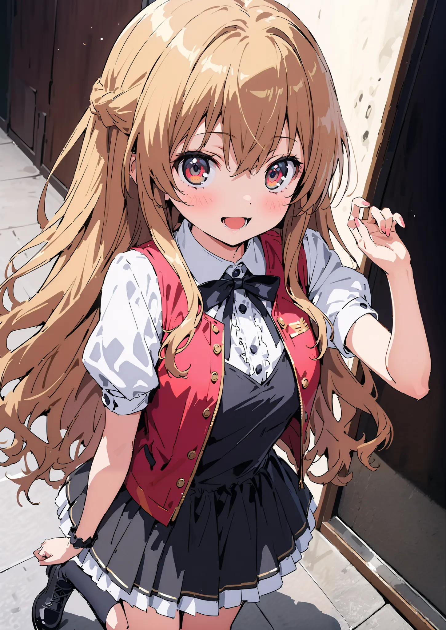 Taigaisaka, Aisaka Taiga,  long hair, Alone,brown hair, brown eyes,blush,smile,opens her mouth, half up do,
 idol costume, dress,collared  dress, jacket,cropped  jacket,Short sleeve,bowtie,bow,button, above Decorati has ,,( white knee-high :1.2),shoes,stan...