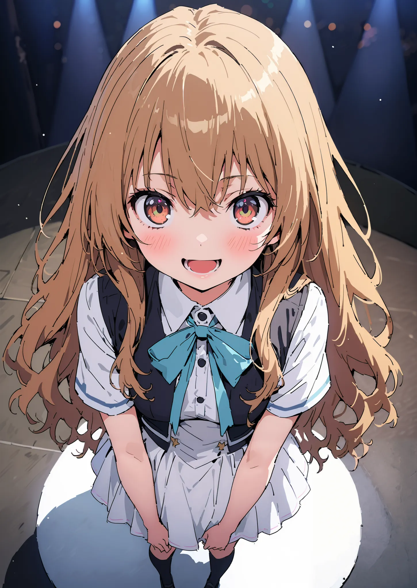 Taigaisaka, Aisaka Taiga,  long hair, Alone,brown hair, brown eyes,blush,smile,opens her mouth, half up do,
 idol costume, dress,collared  dress, jacket,cropped  jacket,Short sleeve,bowtie,bow,button, above Decorati has ,,( white knee-high :1.2),shoes,stan...