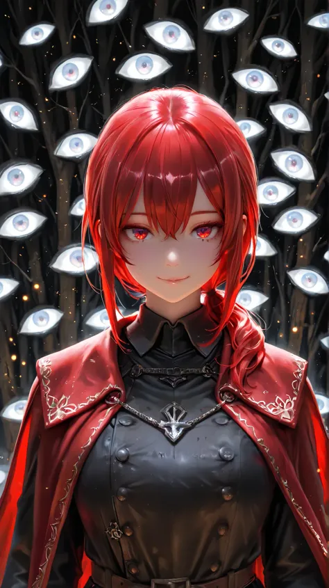 masterpiece, best quality, detailed eyes, semi realistic, 8k, girl, pure, emotionless, red low ponytail hair, red eye, foggy forest, black medieval luxury uniform with red accessories, red fluffy cape, looking down at viewer, shiny particles, side pose, sm...