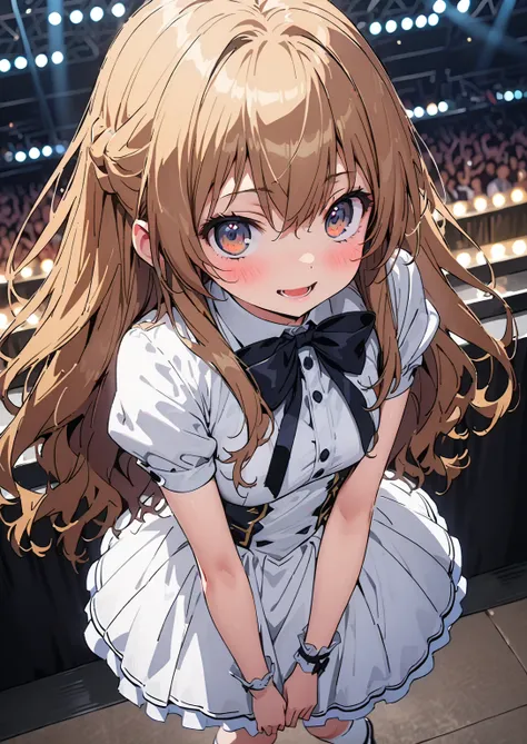 Taigaisaka, Aisaka Taiga,  long hair, Alone,brown hair, brown eyes,blush,smile,opens her mouth, half up do,
 idol costume, dress,collared  dress, jacket,cropped  jacket,Short sleeve,bowtie,bow,button, above Decorati has ,,( white knee-high :1.2),shoes,stan...