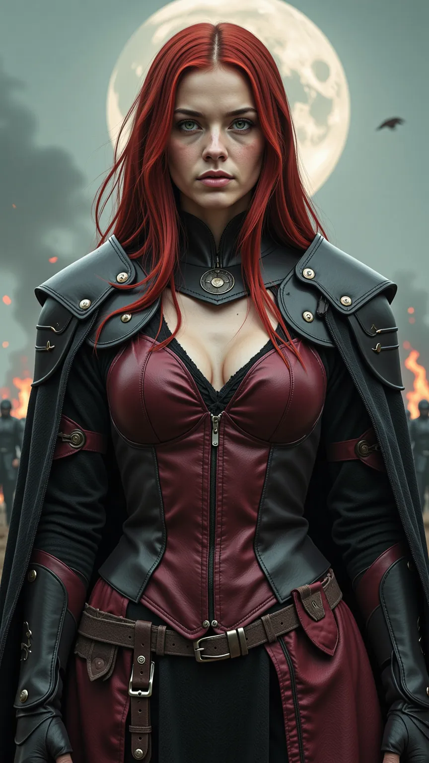 A striking young woman with long, flowing red hair and piercing green eyes, wearing a dark, gothic-inspired armor with a deep crimson and black color scheme. The armor is highly detailed, with leather straps, metal engravings, and a tattered black cape flo...