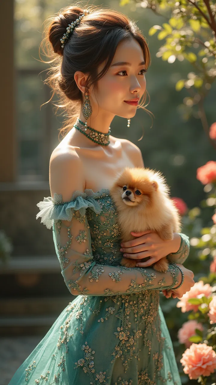 "A statuesque Japanese woman, her regal posture exuding timeless elegance, stands bathed in the golden-hour glow of a sunlit Victorian garden. Her warm, inviting smile is accentuated by a faint blush on her cheeks and a soft gloss on her lips, while her al...