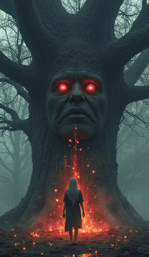 The face of a specter is buried in a huge tree、my eyes are glowing red、There are flowers blooming in my mouth、In front of the face of a huge tree１A woman with long human gray hair is standing、The ground is burning、4K images、 real 