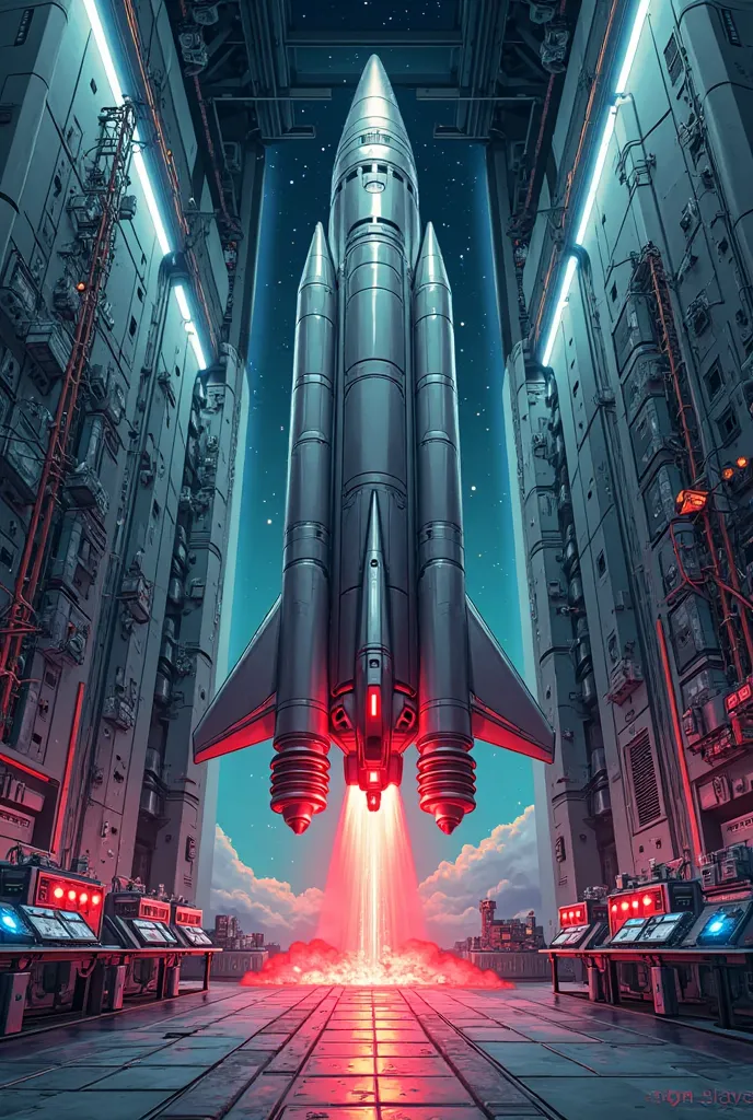 sea art realism, Ultra realistic and colorful Realism comic art of :  a huge laboratory full of computer systems and at the center on a base it supports a ,  missile rocket with powerful engines with the warhead painted red looking into a hole in the ceili...