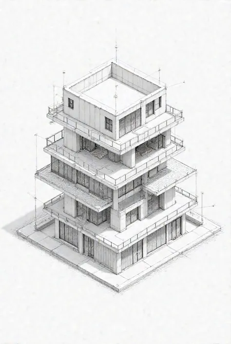 Generate a picture isometric pencil drawing diagram of a 3 storey building