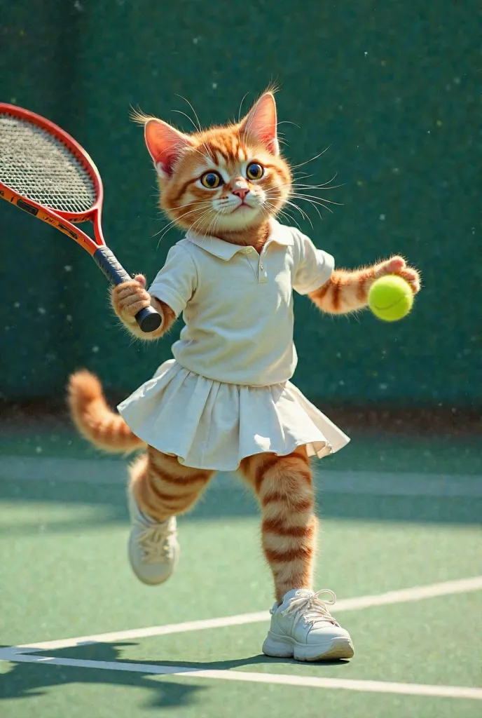 cat，幼年cat，At the tennis court，Play tennis，best quality，realism，Tennis Clothes，Tennis Skirt，Very intense action， wearing human clothes，Just like humans，tennis match