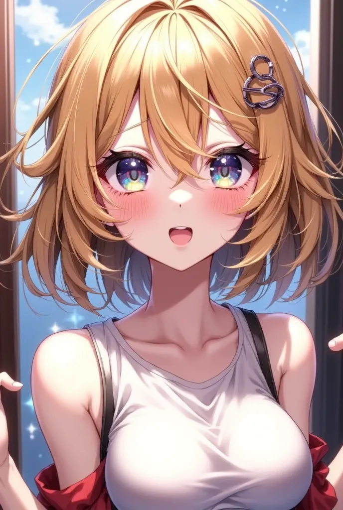 UHD, anime, sparkle, first-person view, light smile, grin, tongue out, multicolored eyes, hairpin, blonde hair, light smile, tongue out