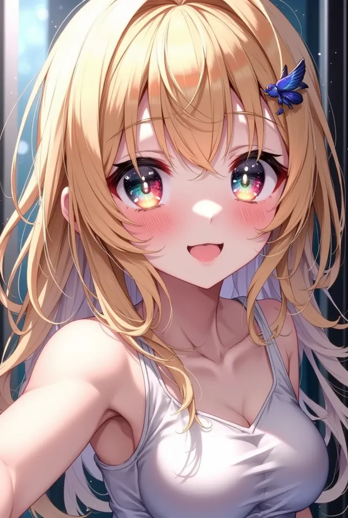 UHD, anime, sparkle, first-person view, light smile, grin, tongue out, multicolored eyes, hairpin, blonde hair, light smile, tongue out