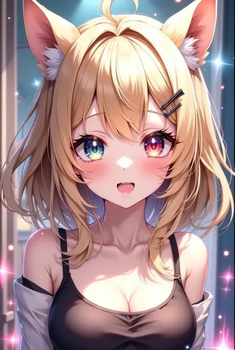 UHD, anime, sparkle, first-person view, light smile, grin, tongue out, multicolored eyes, hairpin, blonde hair, light smile, tongue out