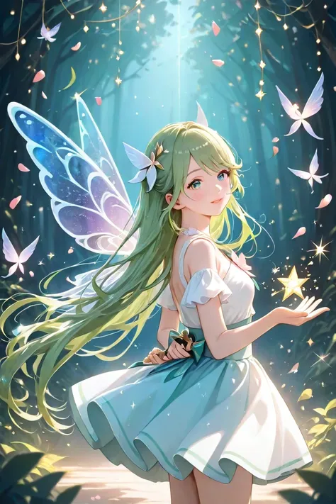 A mysterious and beautiful secondary fairy girl，Green long hair with sparkles，Her hair is silky smooth，gently drifting with the breeze。Her amethyst eyes sparkled with a moving glow，as if hiding the magic and mysterious wisdom of the forest。

She spreads a ...