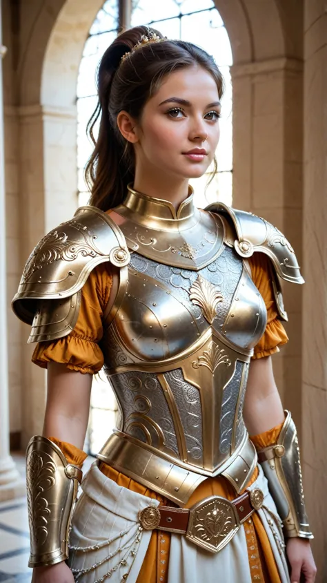 1人の女の子、A stunning, hyperrealistic portrait of a beautiful woman in elaborate, ornate, golden and silver plate armor.  Long, flowing brown hair, styled in a loose ponytail, cascades around her shoulders.  Her expression is confident and regal.  She wears in...