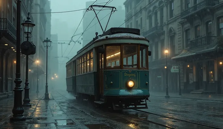 Streetcar from the last century melancholic and rainy weather