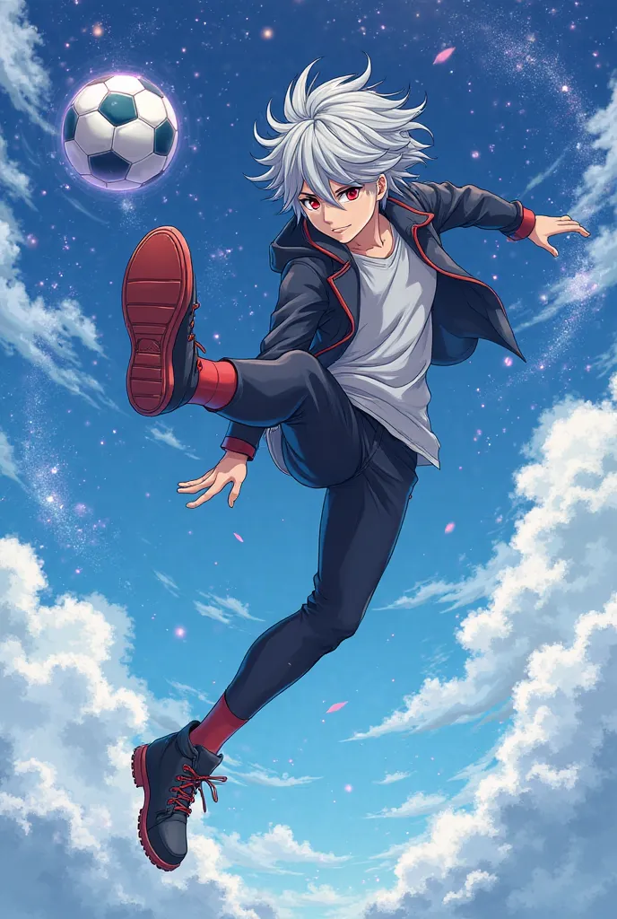  Create the character adolescend 18 ans haire gris and red eyes red ecarlate stylé artificiel of anime blue lock saison 4  who is doing hisatsu technique where he first kicks a ball into the sky and then jumps and kicks it in a spin until it forms a galaxi...